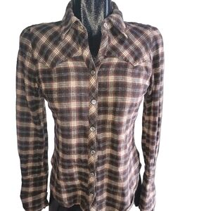 Bluenotes Brown and Tan Plaid Flannel Western Style Snap Button Shirt M